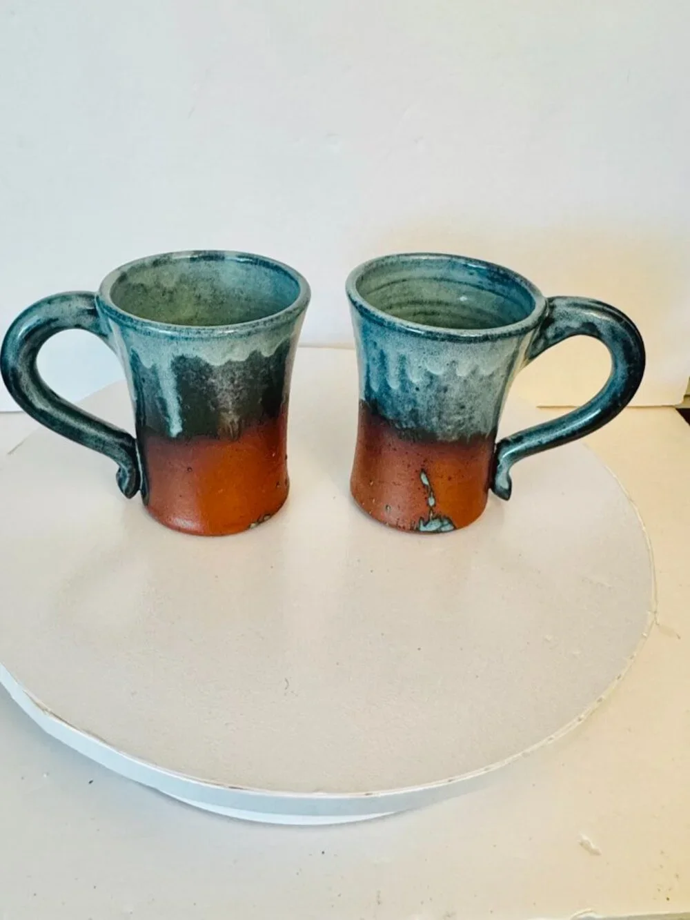 Pair Handmade Studio Pottery Mugs Joe Foster Terracotta Blue Green Drip Glaze